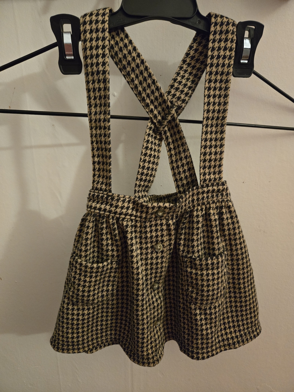 Girls Houndstooth Suspender Skirt - Black & Cream
